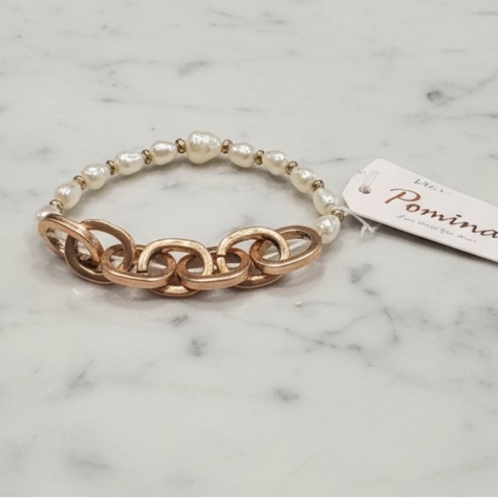 4/$20 - Pomina Gold Tone Link & Beaded Stretch Bracelet. (BJ111)